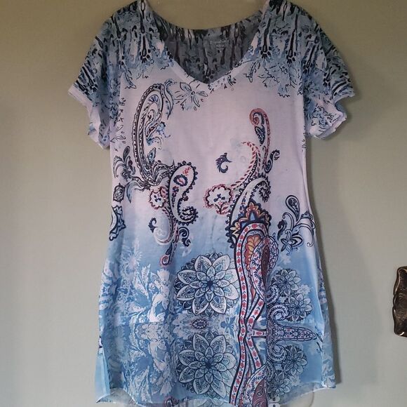 Essentials Milano Bejeweled Unique Print Tunic Shirt M | Sparkle Casual Top - Picture 1 of 6